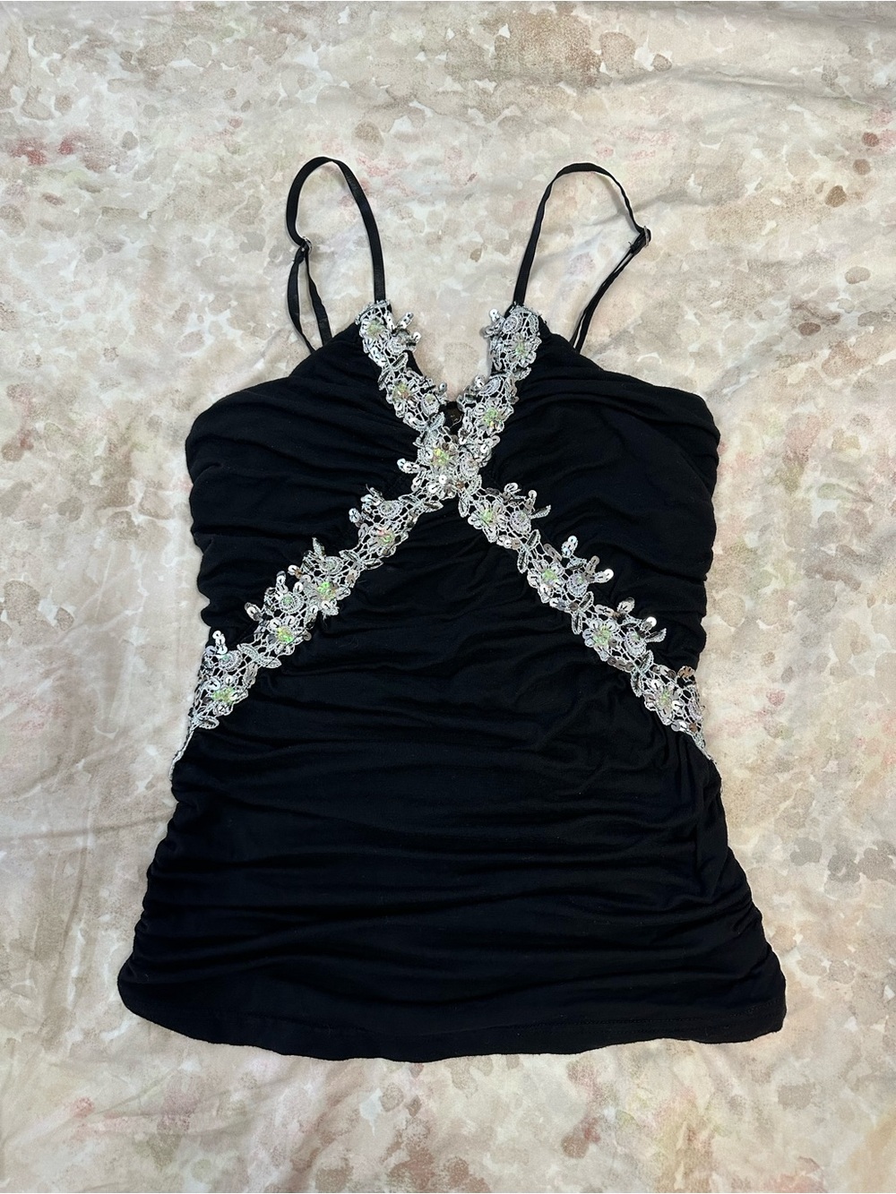 Black Embellished Crisscross Cami Top